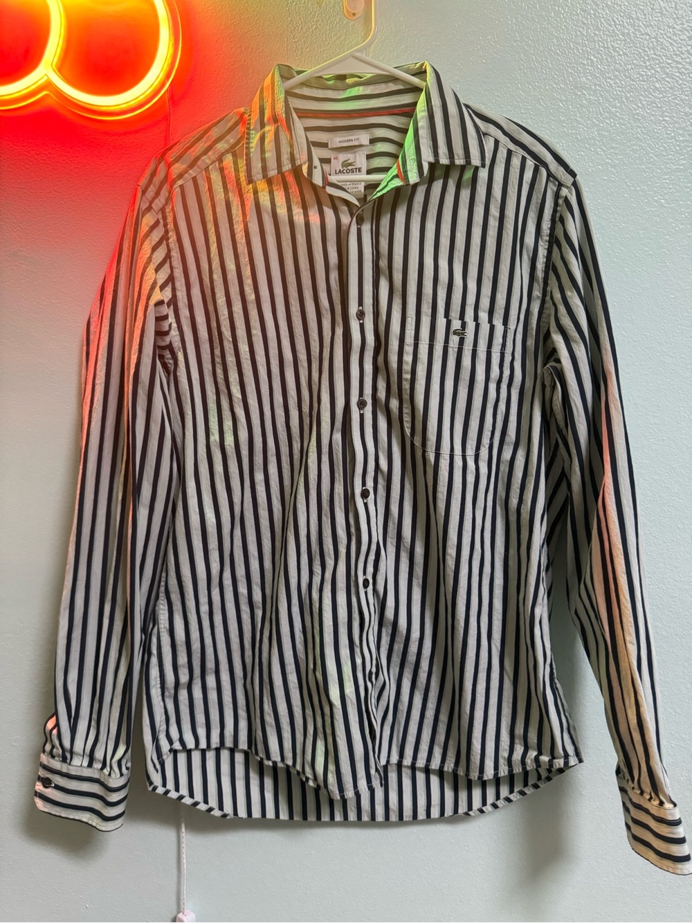 Lacoste Men’s Black and White Vertical Stripe Button-Down Shirt